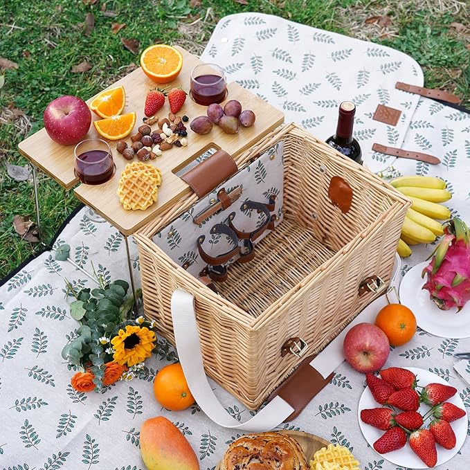 WILLOW WEAVE Picnic Basket with Table, Picnic Basket Set for 2, Willow Hamper with Wine Holder, Wicker Picnic Set with Blanket & Premium Tableware for Outdoor, Wedding, Anniversary, Birthday Gift