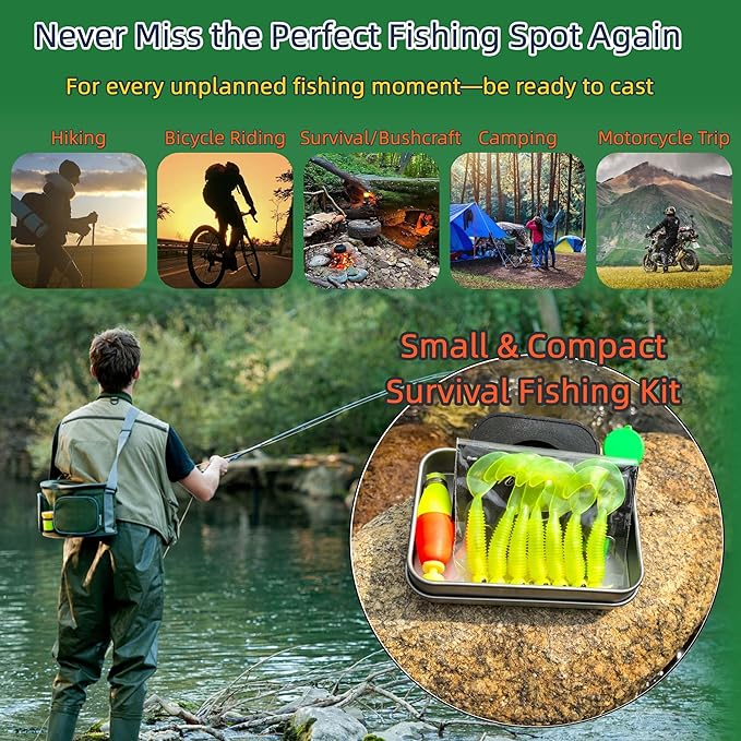 Mini Survival Fishing Kit–Compact Emergency Gear for Camping,Hiking,Bushcraft,Backpacking Small Tackle Box with Hooks,Line,Tools