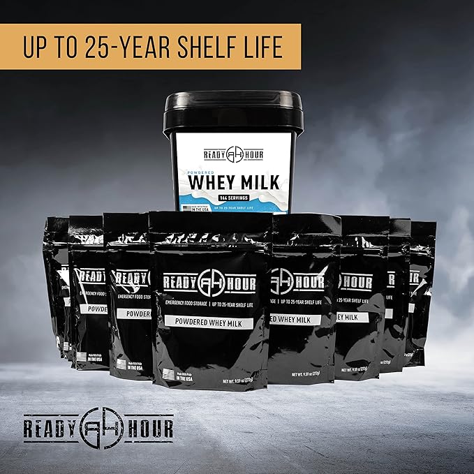 Ready Hour, Bulk Powdered Milk, Real Non-Perishable Whey, 25-Year Shelf Life, Portable Emergency and Adventure Food Supply, Durable Flood Safe Container, 144 Servings