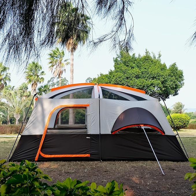 KTT Extra Large Tent 10-12-14 Person(Style-B),Family Cabin Tents,2 Rooms,3 Doors and 3 Windows with Mesh,Straight Wall,Waterproof,Double Layer,Big Tent for Outdoor,Picnic,Camping,Family Gathering