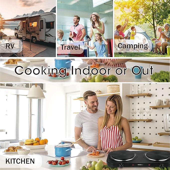 Countertop Double Cast Iron Burner 1800 Watts Electric Hot Plate with Adjustable Temperature 6.1" Cooktop for Dorm, Office, Home, Camp, Compatible for All Cookwares