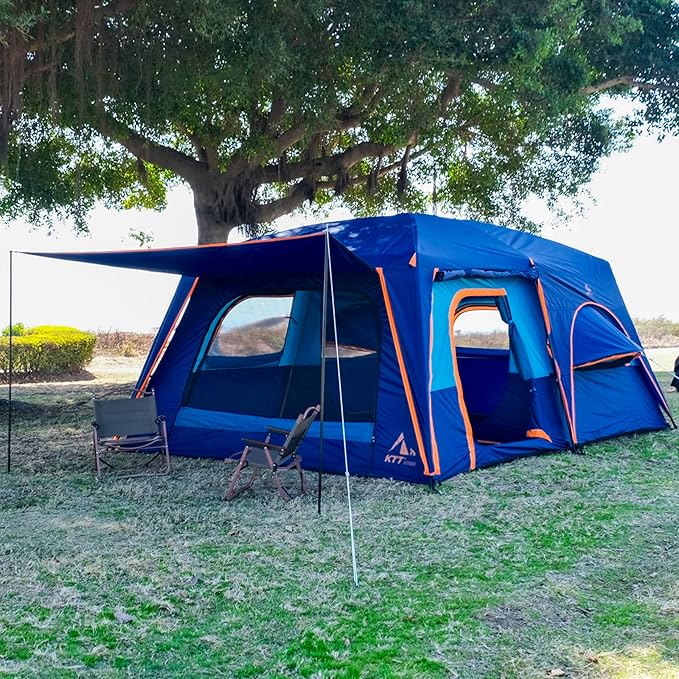 KTT Extra Large Tent 10-12-14 Person(B),Family Cabin Tents,2 Rooms,3 Doors and 3 Windows with Mesh,Straight Wall,Waterproof,Double Layer,Big Tent for Outdoor,Picnic,Camping,Family Gathering