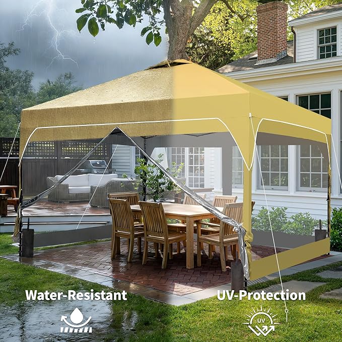 GDY 12x12FT Outdoor Pop Up Canopy Tent with One Push Setup, Easy Setup Gazebo with 4 PVC Transparent Sidewalls for Patio, Parties, Camping, Khaki