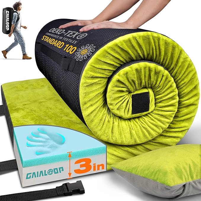 3 Inch Memory Foam Camping Mattress, Dual Layer Thick Sleeping Camp Pad for Car Tent Cot, Roll-Up Portable Glamping Floor Bed for Guests Sleepover