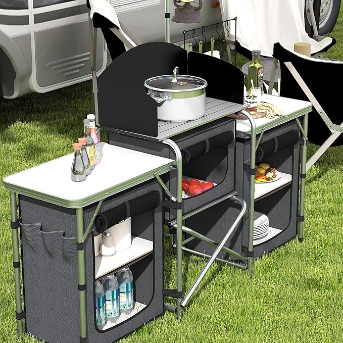 Outsunny Camping Kitchen Table, Portable Folding Camp Kitchen, Aluminum Cook Station with 3 Fabric Cupboards, Windshield, Carrying Bag for BBQ, RV, Picnic, Black
