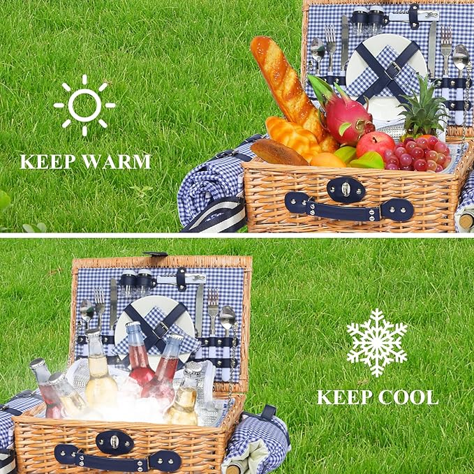 Picnic Basket for 2 with Blanket, Willow Picnic Basket Set with Shoulder Strap&Wine Pouch, Large Willow Hamper with Insulated Cooler for Outdoor, Camping, Beach, Couples, Wedding Gift