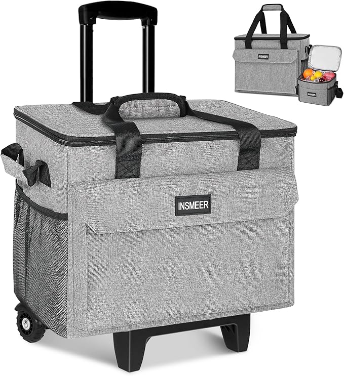 INSMEER Rolling Coolers with Mini Lunch Bag, 50 Cans Collapsible Hard Liner Cooler with Wheels, 2-in-1 Portable Trolley Cart, Coolerbag for Grocery Shopping