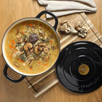 Crock Pot Artisan 7-Quart Round Cast Iron Dutch Oven with Lid – Black Enamel Finish, Gold Knob, Durable Heavy-Duty Cookware for Slow Cooking, Baking, and Roasting