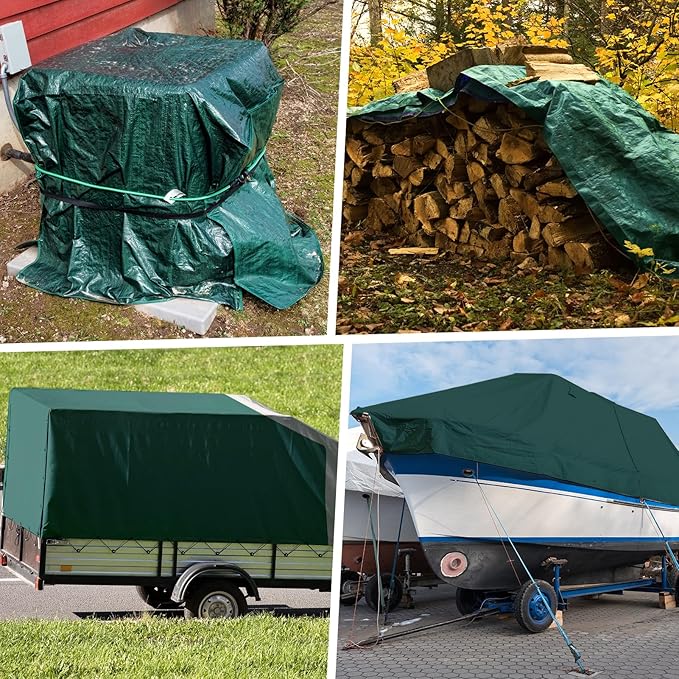 Tarp 10x12 Feet 16 Mil Heavy Duty Waterproof Tarp, Large Multipurpose Cover with Brass Grommets and Reinforced Edges, UV Resistant Thick Poly Tarps for Outdoor Camping Tent Pool Car, Green