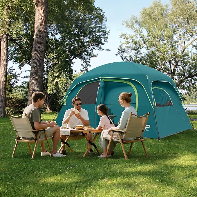 CAMPROS CP Upgraded 6/8 Person Camping Tents, Waterproof Windproof Family Tent with Larger Mesh Windows & Door, Double Layer, Easy Set Up, All-Season Dome Tent with Top Rainfly & Carry Bag
