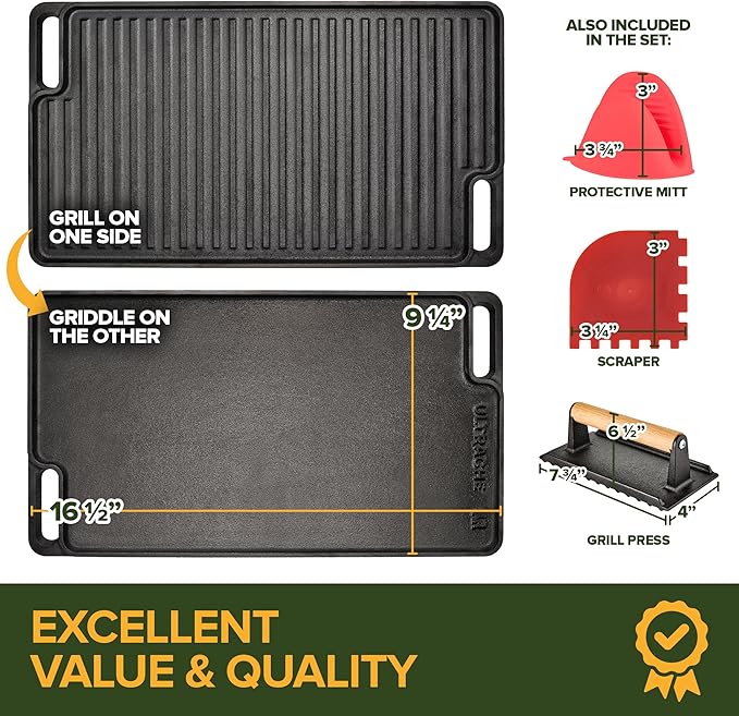 Cast Iron Griddle/Grill Reversible Combo Set + Protective Mitts, Grill Press & Scraper- Pre-seasoned Indoor & Outdoor gas Stove Griddle- Stovetop, Camping or Home Cooking Non-Stick Griddle Pan