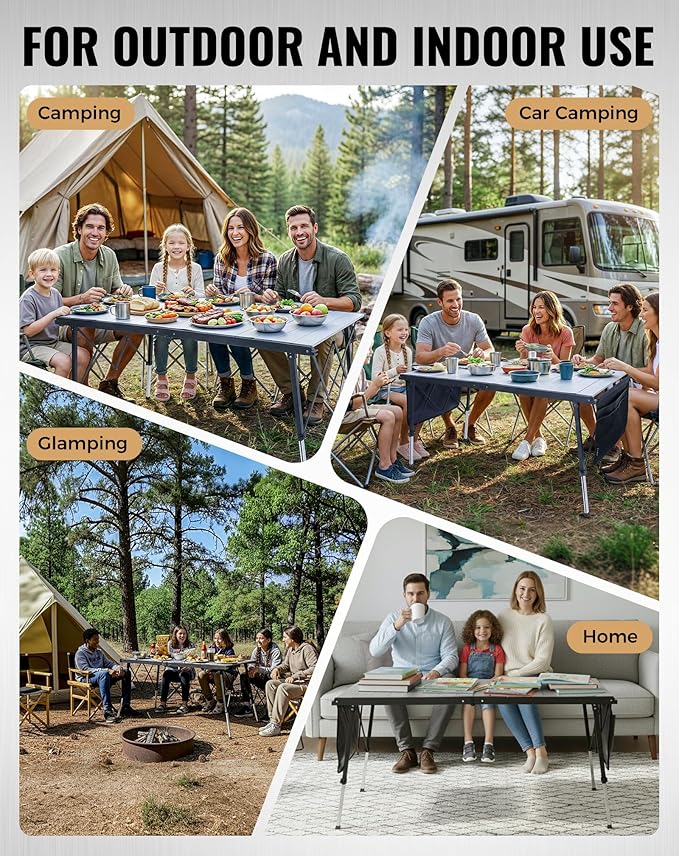 KingCamp Folding Camping Table Foldable, 55.1" x27.6" Aluminum Roll Up Table with Adjustable Height 6-7 Person Camp Tables Outdoor with Carrying Bag for BBQ, Patio, and Picnic Loads 265 Lbs