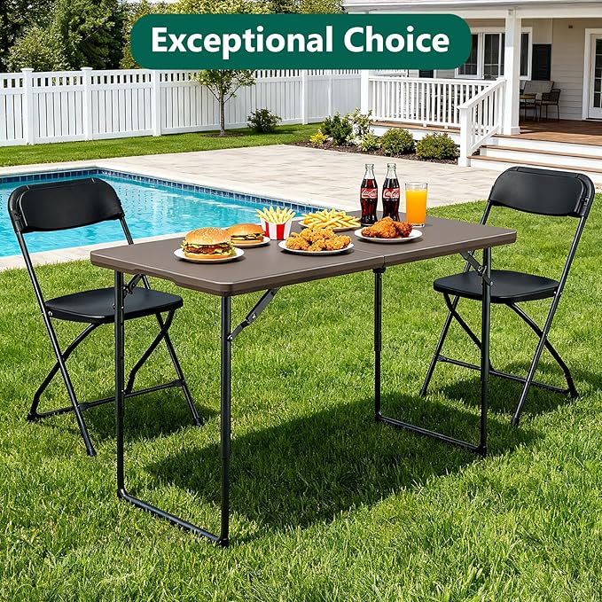 Folding Table 4ft - Heavy Duty Fold-in-Half Plastic Table with Adjustable Height, Portable Utility Tables with Steel Legs for Indoor, Outdoor, Picnic, Camping, Dining, Party (Khaki)