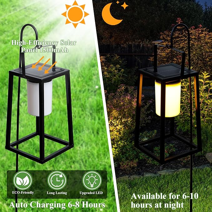 TRIROCKS 15'' High Outdoor Solar Lantern Portable Brightness LED Nightstand Lantern Metal Solar Lamp IP44 Waterproof Outdoor Table Lamps Cordless Lights for Patio Walking Reading Camping Garden(Black)