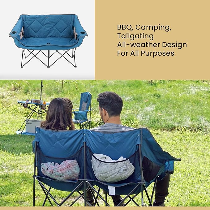 ARROWHEAD OUTDOOR Portable Folding Double Duo Camping Chair Loveseat w/ 2 Cup & Wine Glass Holder, Heavy-Duty Carrying Bag, Padded Seats & Armrests, Supports up to 500lbs, USA-Based Support
