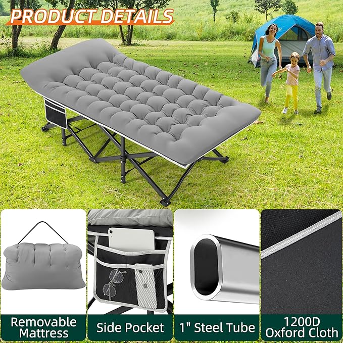 Portable Camping Cot, 32" Extra Wide Camping Cots for Adults with Thick Mattress, Heavy Duty Sleeping Cot Holds Up to 600LBS, Cots for Sleeping, Rv, Beach, Patio, Office Naps 2Pcs (Grey)