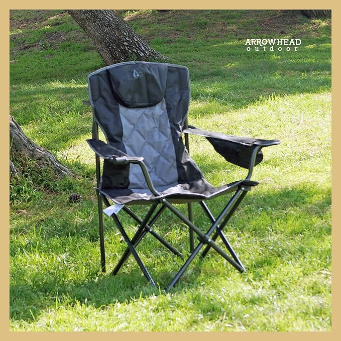 ARROWHEAD OUTDOOR Portable Deluxe Folding Camp Quad Chair w/Headrest, Glass & Cup Holders, Armest 6-can Cooler, Heavy Duty Carry Bag, 550 lbs Weight Capacity
