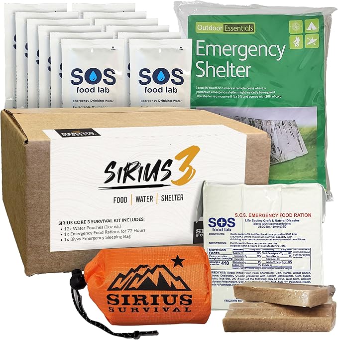 Sirius 3-72 Hour Survival Kit & Emergency Preparedness - Food, Water & Shelter for 72 Hours - 5 Year Shelf Life - Food & Water Rations