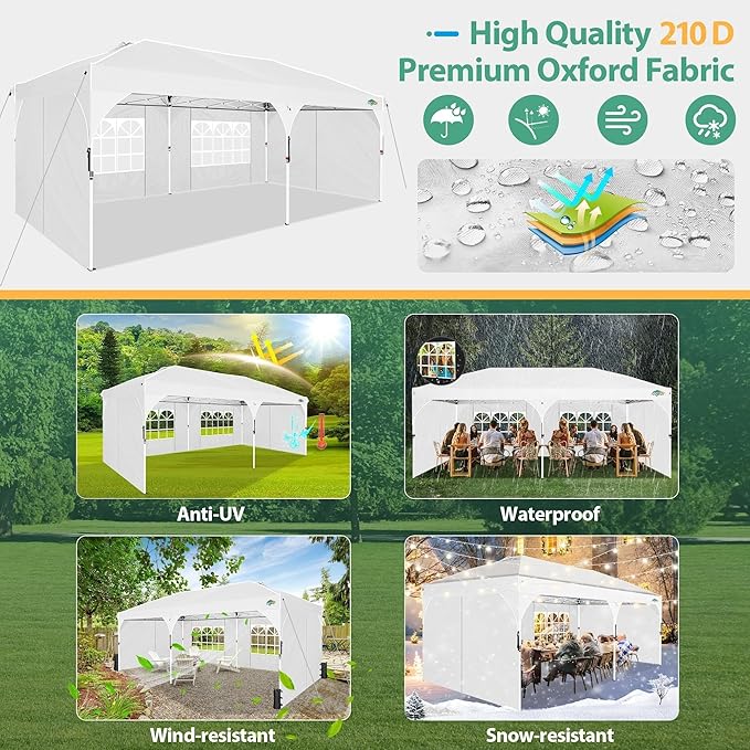 COBIZI 10x20 Pop Up Canopy: Canopy Tent with Patented Center-Lock Tech | Quick-Setup,UV-Reflective & Detachable Walls | 210D Waterproof |3 Height Adjustments for Parties,Weddings,Outdoor Events(White)