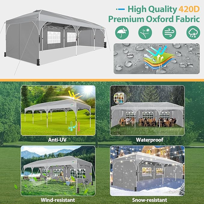 COBIZI 10x30 Party Tent: 10x30 Pop Up Canopy with Wheeled Bag - Tents for Parties with Patented Center-Lock Tech, 420D Waterproof Fabric, Easy Setup Canopy Tent with Removable Sidewalls, (Gray)