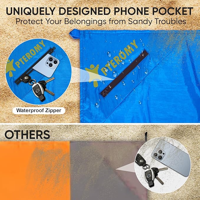 PTEROMY Beach Blanket Waterproof Sandproof, 84" X 84"Extra Large Beach Mat with Storage Bag, Quick Drying Lightweight, 6 Stakes, Accessories for Picnic, Travel (7x7 FT, Yellow)