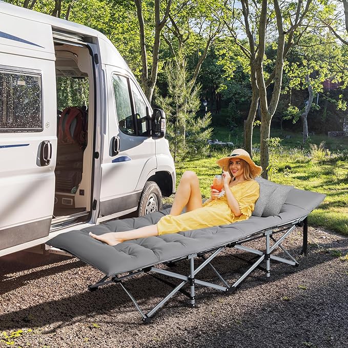VINGLI Folding Camping Cot Bed,Camping Cots for Adults with Mattress, Foldable Cots for Sleeping with Pillow 1200D Layer Oxford for for Guest,Travel,Hiking Grey