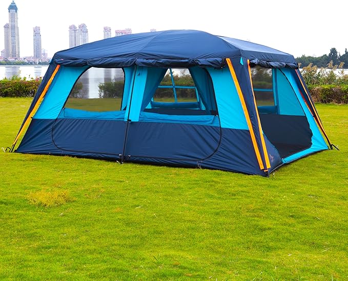 KTT Extra Large Tent 12 Person,Family Cabin Tents,Awning,2 Rooms,4 Doors and 4 Windows with Mesh,Straight Wall,Waterproof,Double Layer,Big Tent for Outdoor,Picnic,Camping,Family Gathering