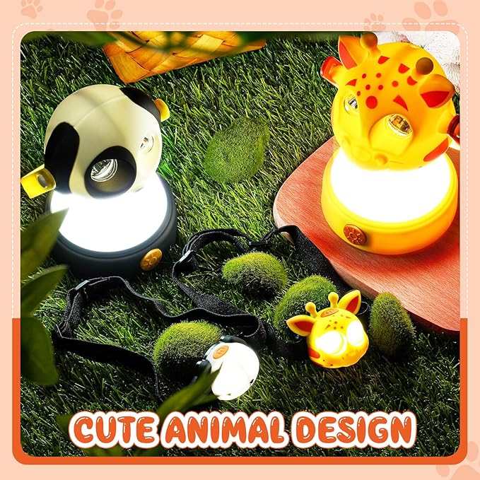 VIHOSE 2 Set Kids LED Camping Lantern and Headlamp 4 Pcs Animal Themed Camping Equipment Nightlight Battery Powered Night Light for Emergency Hurricane Lightweight Tent Lamp for Children