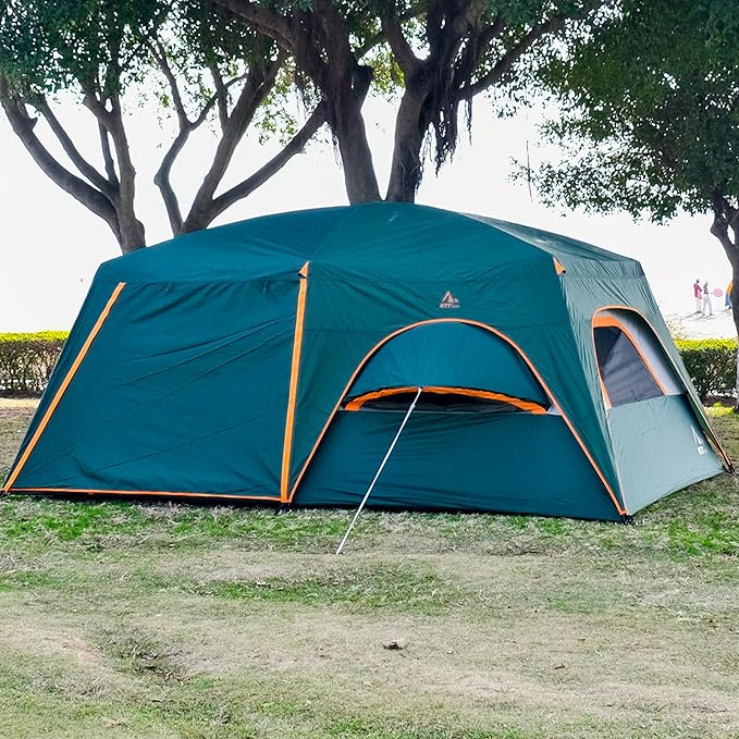 KTT Extra Large Tent 10-12-14 Person(B),Family Cabin Tents,2 Rooms,3 Doors and 3 Windows with Mesh,Straight Wall,Waterproof,Double Layer,Big Tent for Outdoor,Picnic,Camping,Family Gathering