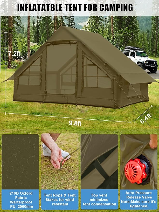 Inflatable Tents for Camping - Easy Blow Up Glamping Tent with Hand Pump, Waterproof PVC Air Inflatable Tent House for Family Weekend Camping