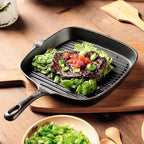 Cast Iron Grill Pan, 9.5 inch Square Grill Pan Skillet with Pour Spout, Cast Iron Griddle Pan with Small Meat Tong, Oil Brush & Hemp Rope for Stove Tops, Gas, Induction, Grill, Campfire, Oven Safe