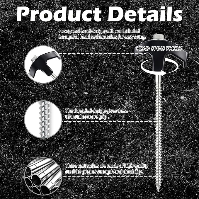 8" Heavy Duty Screw in Tent Stakes, Metal Camping Stakes, Drill-In Ground Anchor, Threaded Stakes for Canopies, Gardening, Yard Inflatables, with Hex Socket and Storage Bag (12, Black)