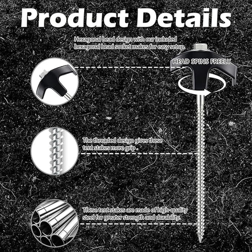 8" Heavy Duty Screw in Tent Stakes, Metal Camping Stakes, Drill-In Ground Anchor, Threaded Stakes for Canopies, Gardening, Yard Inflatables, with Hex Socket and Storage Bag (12, Black)