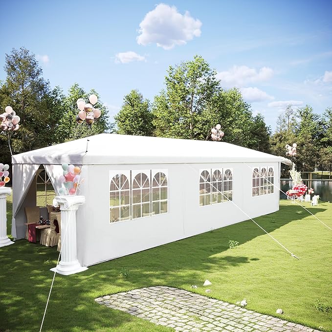EROMMY Outdoor Party Tent 10x30 FT, Waterproof Canopy with 6 Removable Sidewalls and 2 Zipper Doors for Weddings, Events, Backyard Parties, White