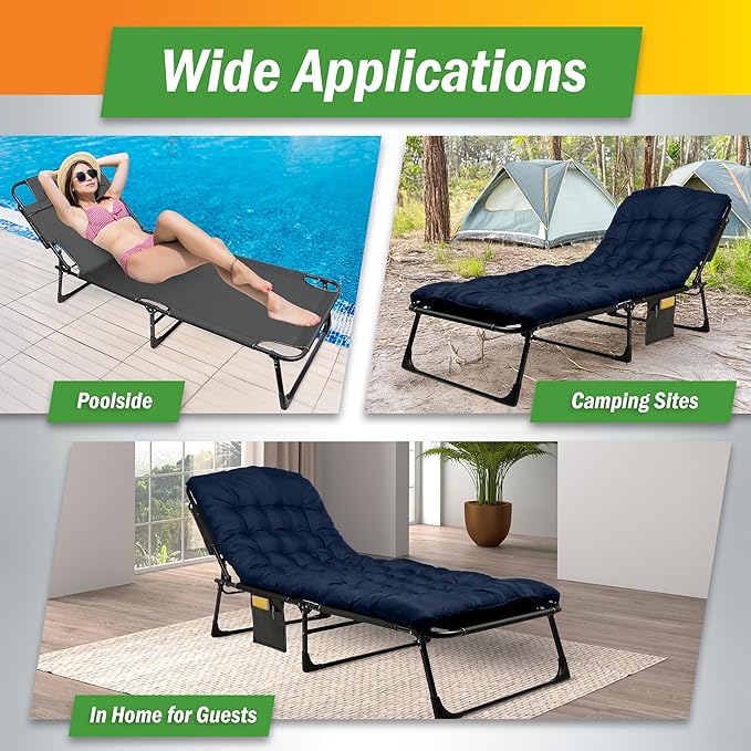 Folding Camping Cot with Mattress for Adults up to 440lbs - Heavy Duty Foldable Bed with Removable Cot Mattress and 3 Recline Positions for Travel, Camp, Beach or Guest Bed by Wakeman Outdoors (Navy)