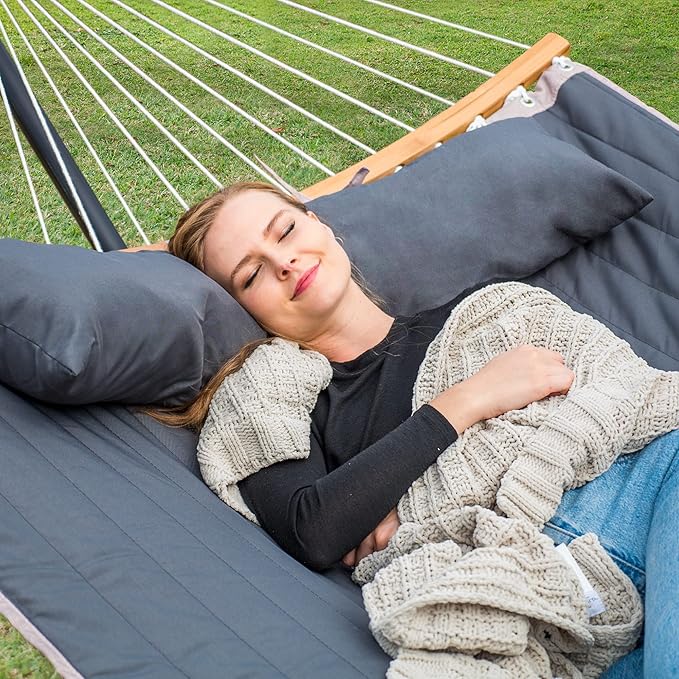 SUNCREAT Double Portable Hammock with Stand, 2 Person Hammock with Curved Spreader Bar, Balance Ropes Included, Dark Gray