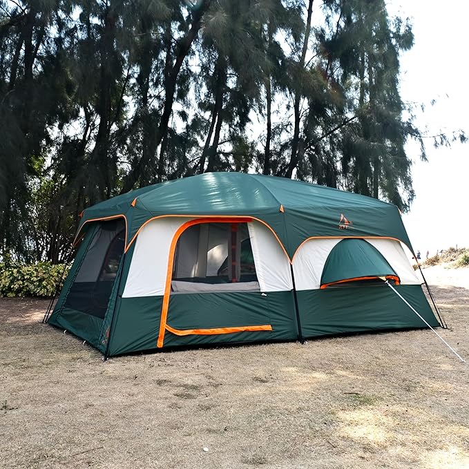 KTT Extra Large Tent 10-12-14 Person(B),Family Cabin Tents,2 Rooms,3 Doors and 3 Windows with Mesh,Straight Wall,Waterproof,Double Layer,Big Tent for Outdoor,Picnic,Camping,Family Gathering