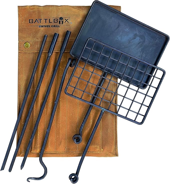 BATTLBOX Bushcraft Grill Set, Steel Campfire Cooking Grate Swivel Grill For Outdoor BBQ Open Fire, Packable Campfire Cook Set, Heavy Duty Open Fire Swivel Camping Cooktop, Canvas Bag