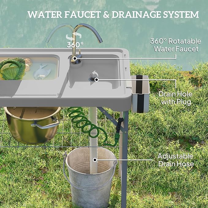 Outsunny Folding Fish Cleaning Table with Sinks, Portable Camping Sink Table, Gray