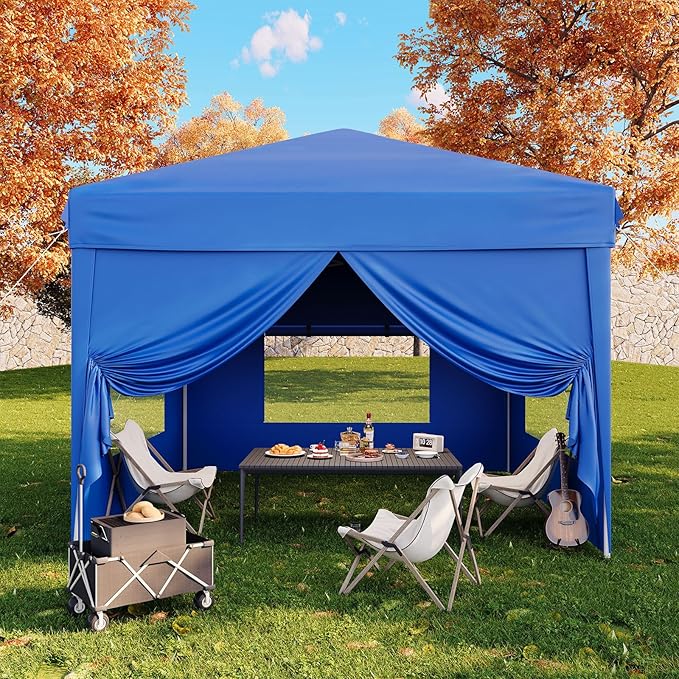 10x10FT Pop Up Canopy with Sidewalls, Outdoor Canopy Tent with SandBag & Carry Bag for Commercial Events, Camping, Backyard Parties, Blue