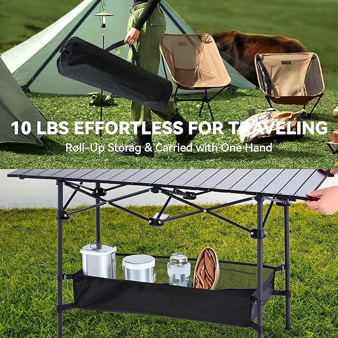 Foldable Camping Table(46.8"x21.6"x27.56") - Roll-Up Portable Design with Carry Bag | Ideal for Camping, Beach, Backyard BBQ, Picnic & Indoor-Outdoor Use (Large)