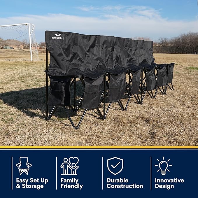 VictoryGear Portable Soccer Bench – 6 Seat Folding Team Chair with 8 Pockets & Carrying Bag – Lightweight Sideline Seating for Soccer, Baseball, Camping, Outdoor Events