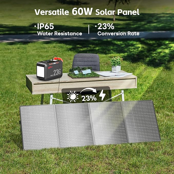 POWSTREAM 300W Solar Generator Power Station - 236Wh Portable Power Station with 60W Foldable Solar Panel Included, Pure Sine Wave Power Supply for Camping Emergency Home Blackout