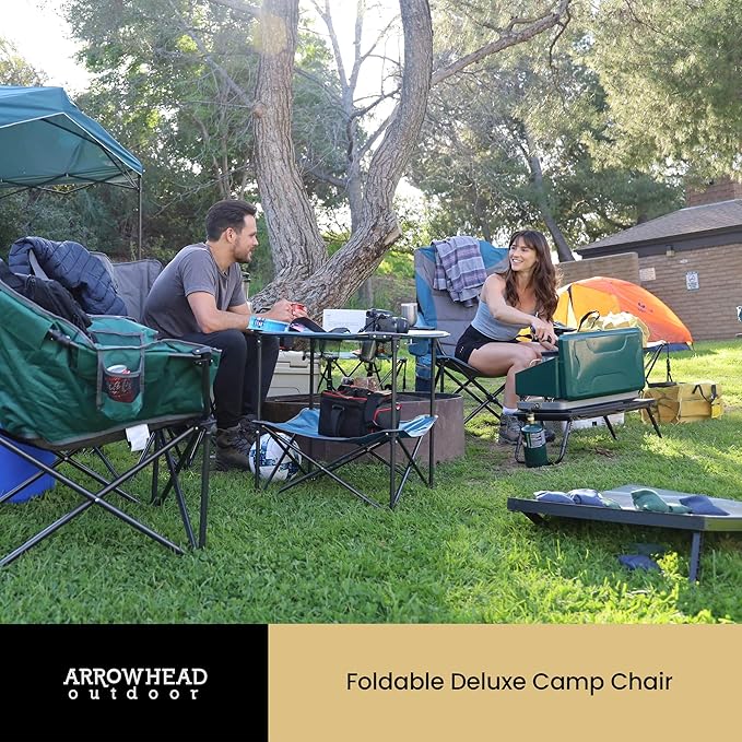 ARROWHEAD OUTDOOR 2-Pack Portable Deluxe Folding Camp Quad Chair w/Headrest, Glass & Cup Holders, Armest 6-can Cooler, Heavy Duty Carry Bag, 550 lbs Weight Capacity