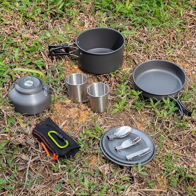 Camping Cookware Set Lightweight Portable Camping Pan Kettle Cups Outdoor Spoon Fork Cutter Outdoor Tableware for Picnic Hiking (Color : Orange) (Black)