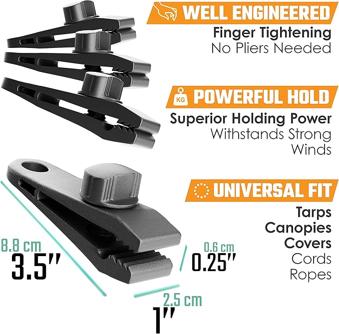 12 Pack - Tarp Clips Heavy Duty Lock Grip - Strong Clips - Superior Holding Power - Alligator Locking Clamp Design - Multipurpose, Tarp Tie Downs, Canvas, Shade Cloth, Tent, Banner, Awnings (12 Pack)