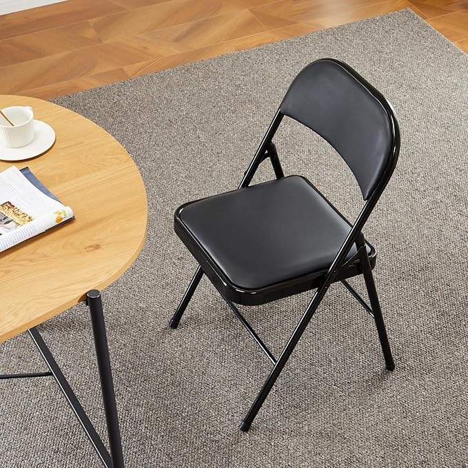 DUMOS 10 Pack Leather Padded Folding Chair, Indoor Outdoor Portable Stackable Commercial Seat with Steel Frame, Capacity for Home, Office, Party, Comfy, Black
