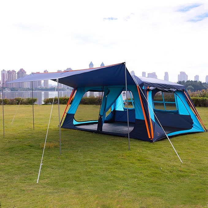 KTT Extra Large Tent 12 Person(A),Awning Family Cabin Tents,2 Rooms,4 Doors and 4 Windows with Mesh,Straight Wall,Waterproof,Double Layer,Big Tent for Outdoor,Picnic,Camping,Family Gathering。
