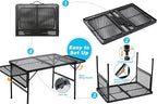 Large Folding Camping Table - Metal Mesh Grill Table with 2 Wing Panels | 2 Adjustable Heights | Large Picnic & Outdoor Table | Expandable Shelves, Lightweight (4.4 FT, Black)