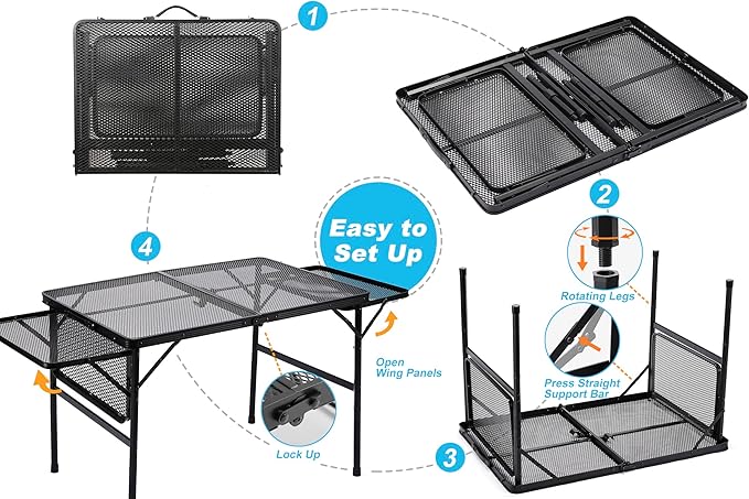 Large Folding Camping Table - Metal Mesh Grill Table with 2 Wing Panels | 2 Adjustable Heights | Large Picnic & Outdoor Table | Expandable Shelves, Lightweight (4.4 FT, Black)